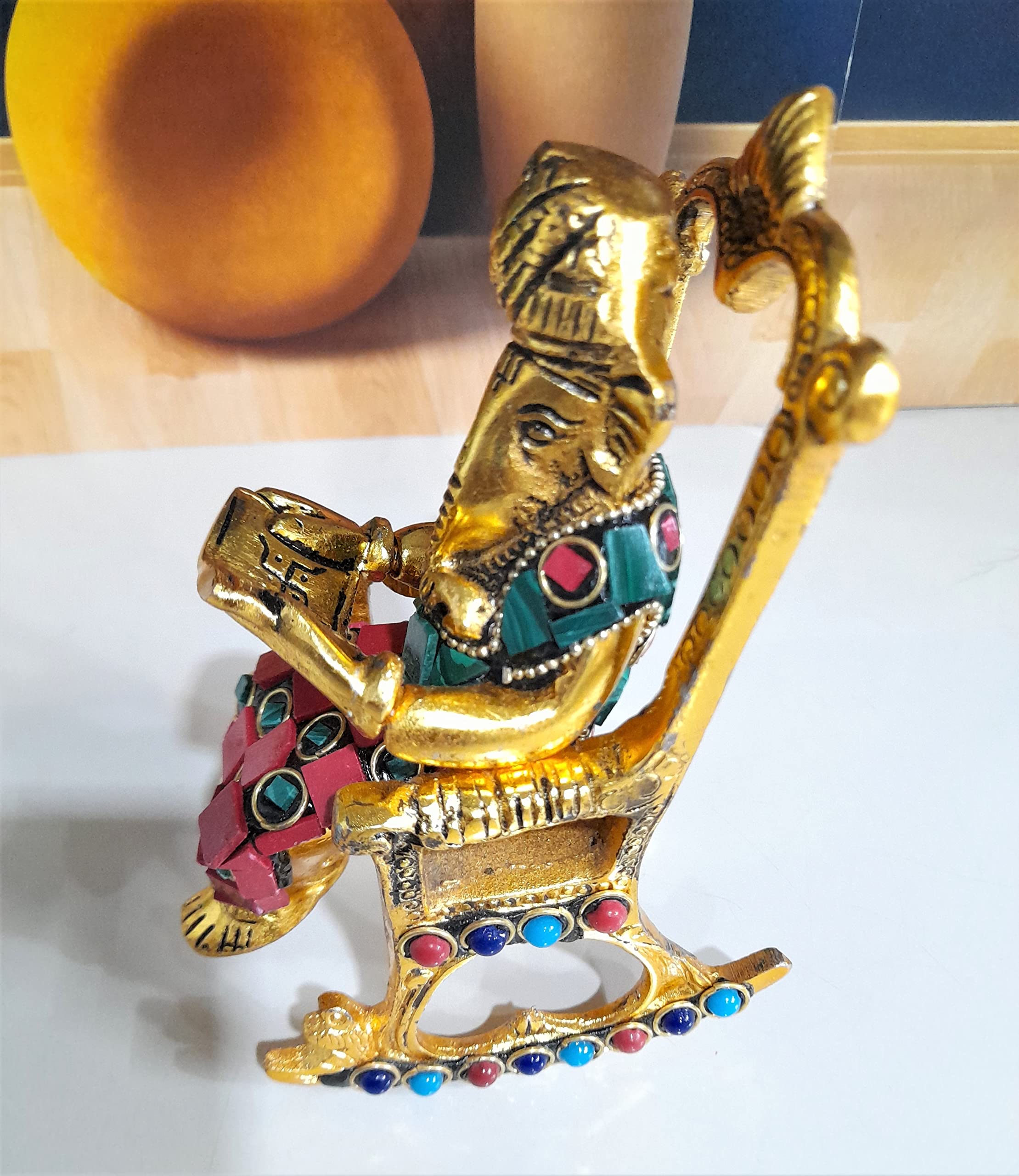 Kridaykraft Chair Ganesha Ji Reading Book With Stone Work,Ganesha Metal Statue,Ganpati Murti Idol For Pooja & Home,Office Dcor G